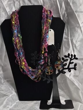 Multicolor Thread Necklace with Tree of Life Earrings